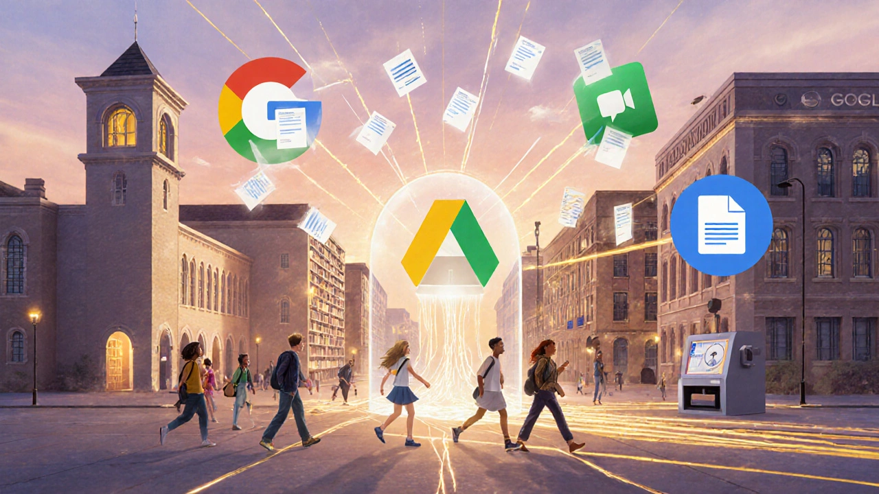 A digital town square symbolizing Google's learning tools connected by glowing light trails.