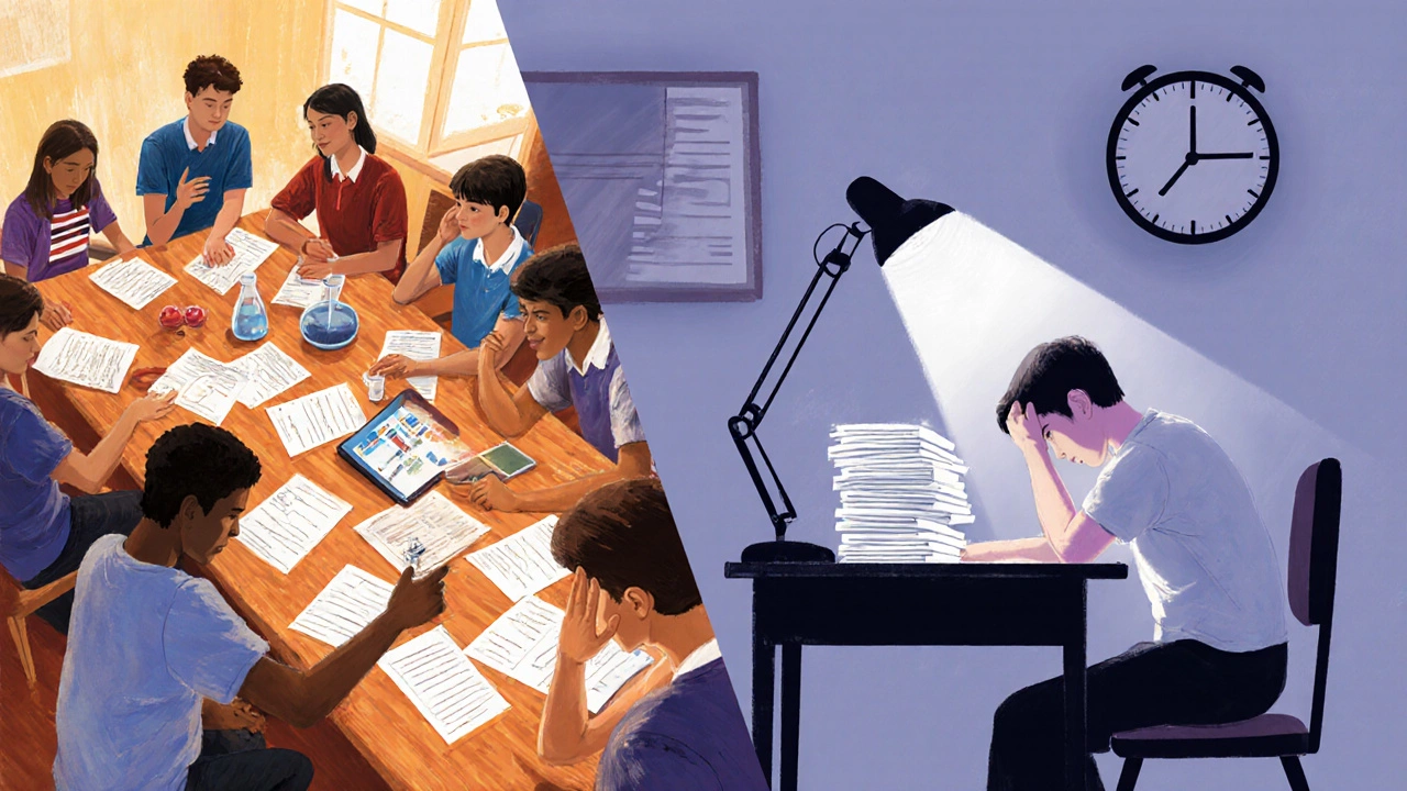 American students collaborating on a project contrasted with a CBSE student under exam pressure.