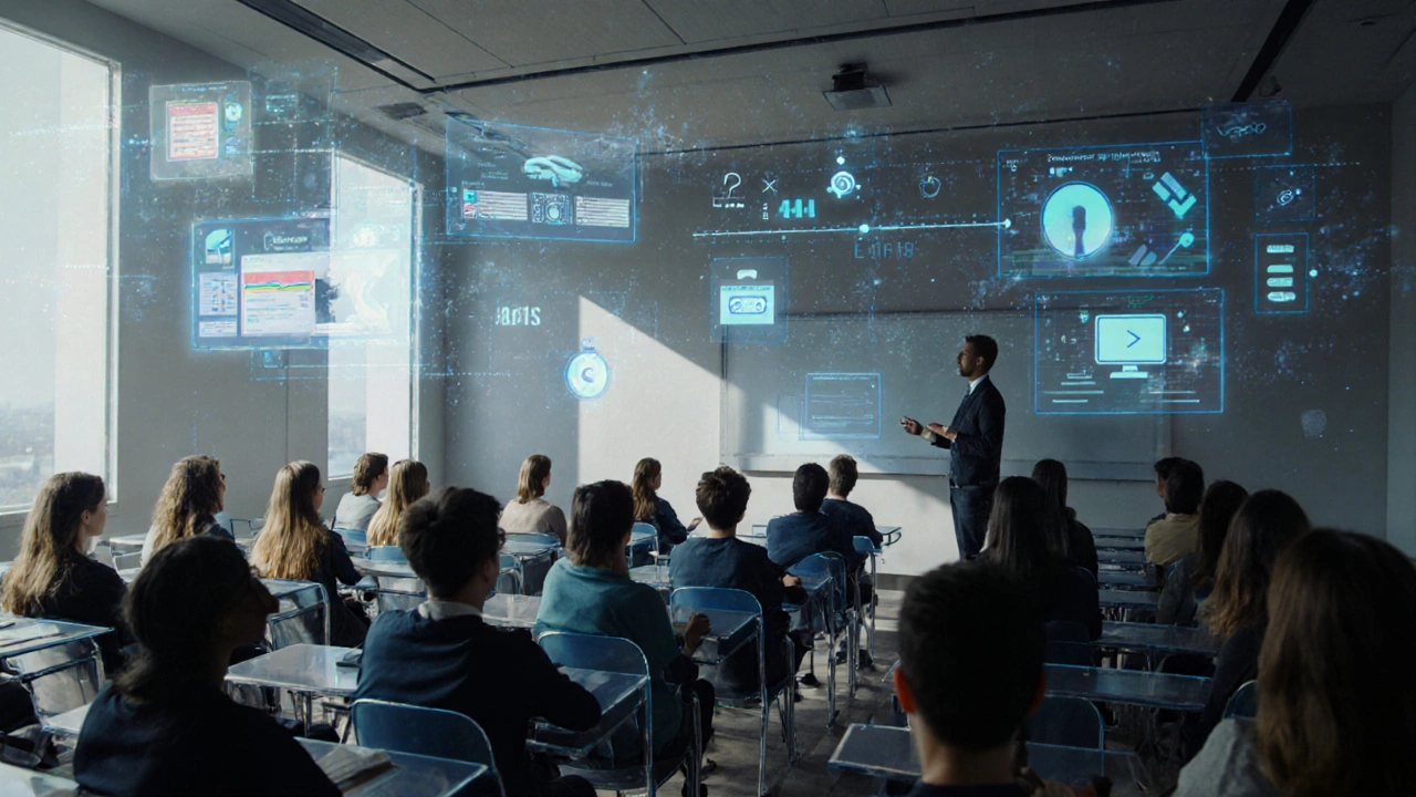 Artwork showing a hybrid lecture hall with in‑person students and holographic remote learners.