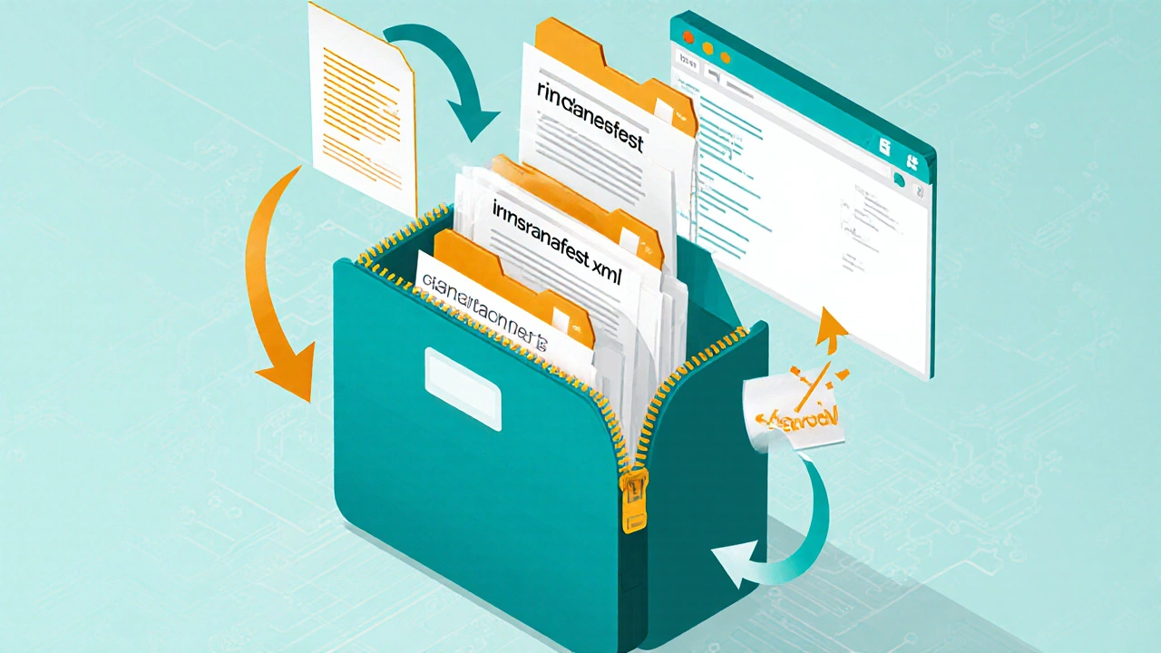 Exploded view of SCORM package showing manifest and code files