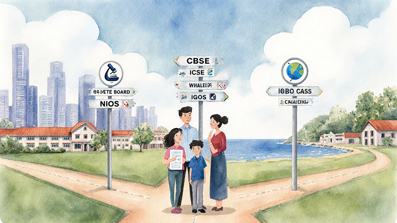 Family at a crossroads with signposts for different education boards, choosing a path.