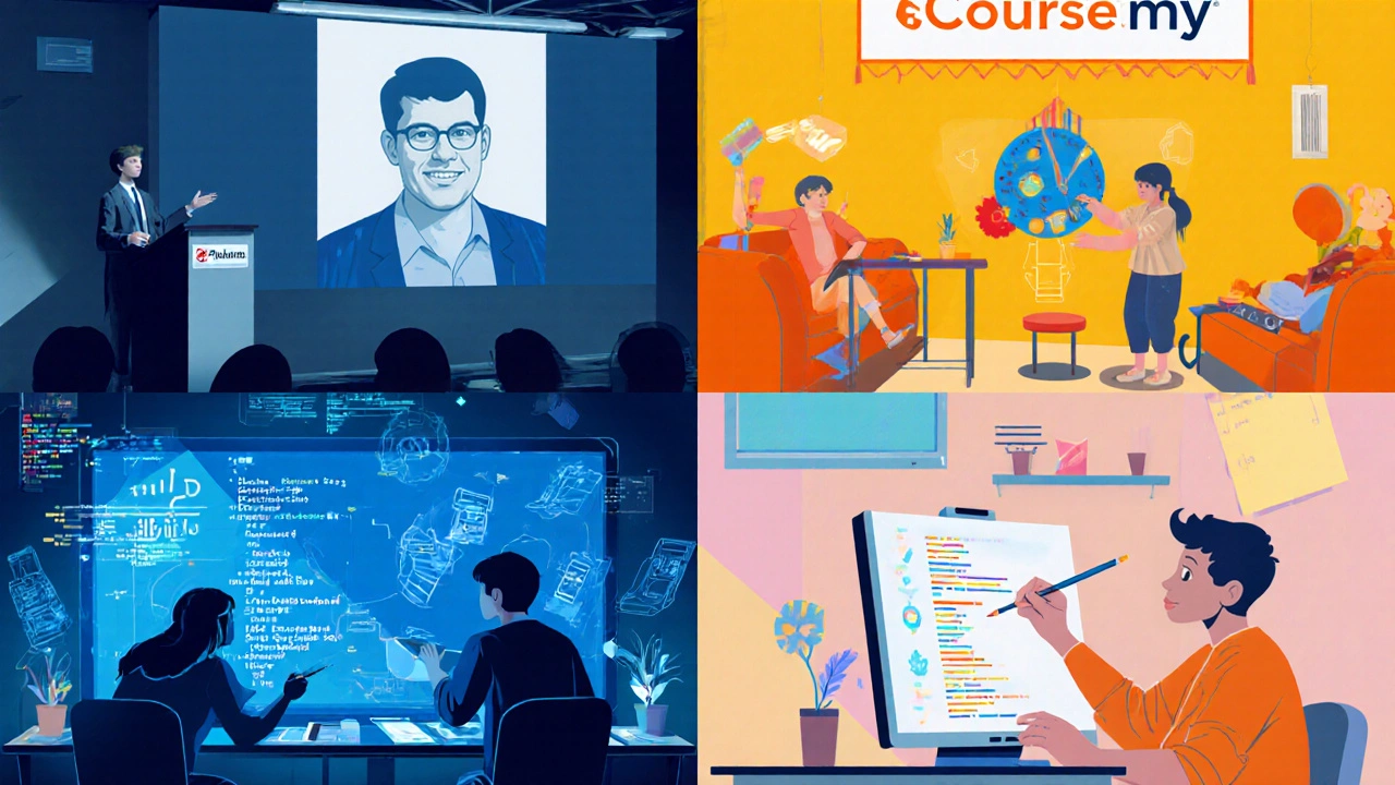 Four‑panel collage showing Coursera lecture, Udemy DIY, Pluralsight coding lab, and Skillshare art class.