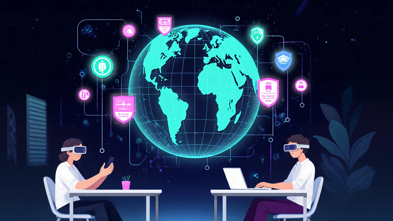 Futuristic classroom shows holographic globe and digital micro‑credential icons.