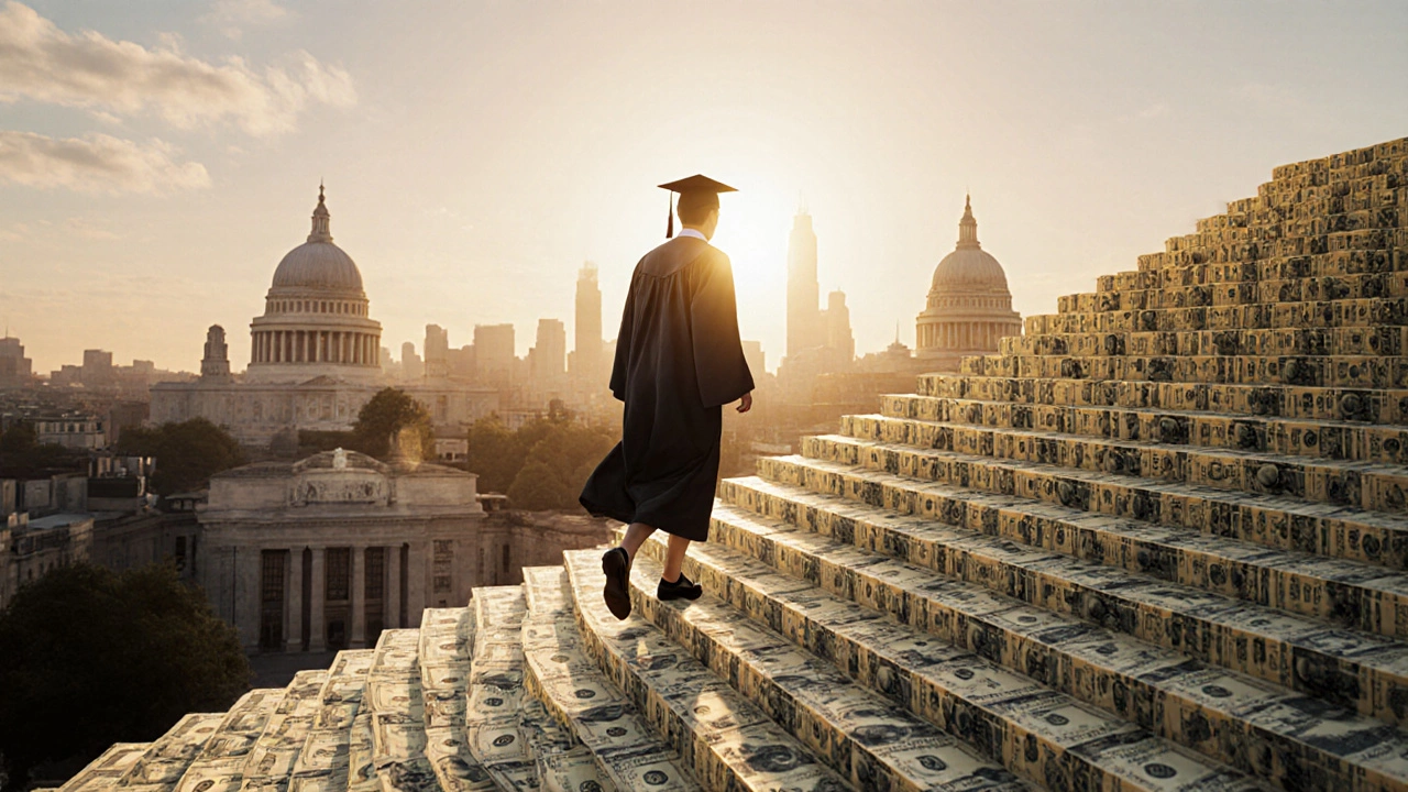 Graduate climbs a staircase of golden dollars toward a sunrise city skyline.