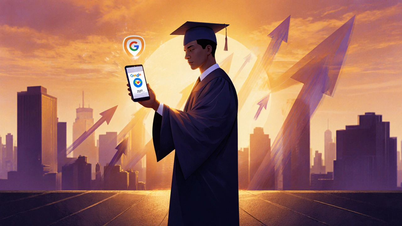 Graduate holding a glowing certificate badge on a sunset rooftop, symbolizing career growth.