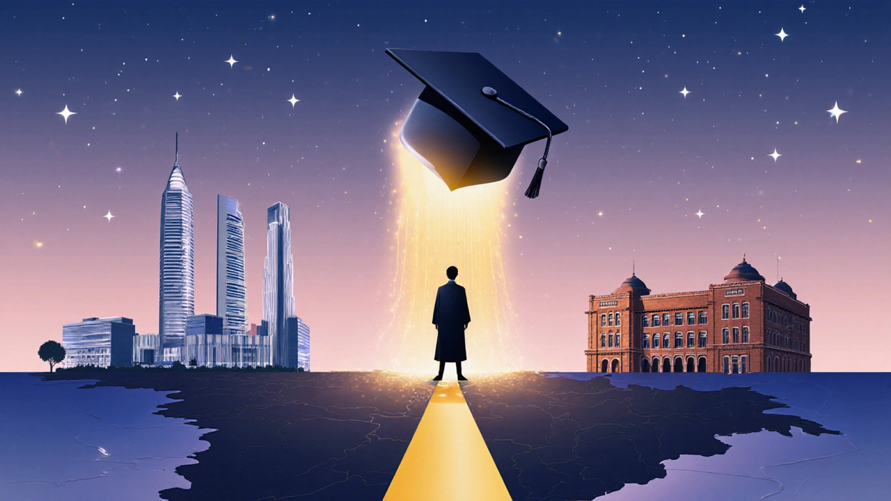Graduate silhouette on map of India with light paths to IIT and NIT campuses.