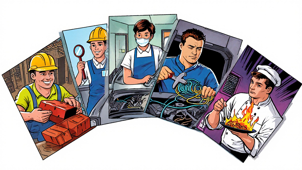 Illustrated collage of a bricklayer, dental assistant, mechanic, cable installer, and chef.