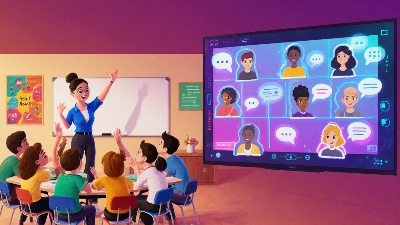 Illustration of a lively classroom discussion contrasted with a virtual video‑call breakout room.