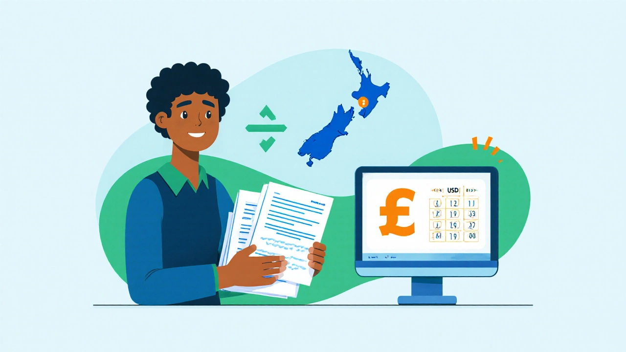 Illustration of a person applying for financial aid with a map of New Zealand and currency conversion.