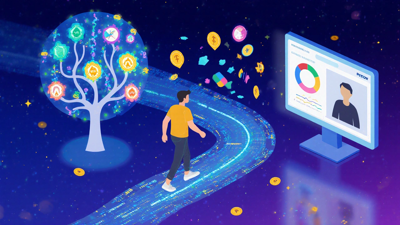 Illustration of learner collecting badges, adaptive path, and analytics dashboard in a digital course.