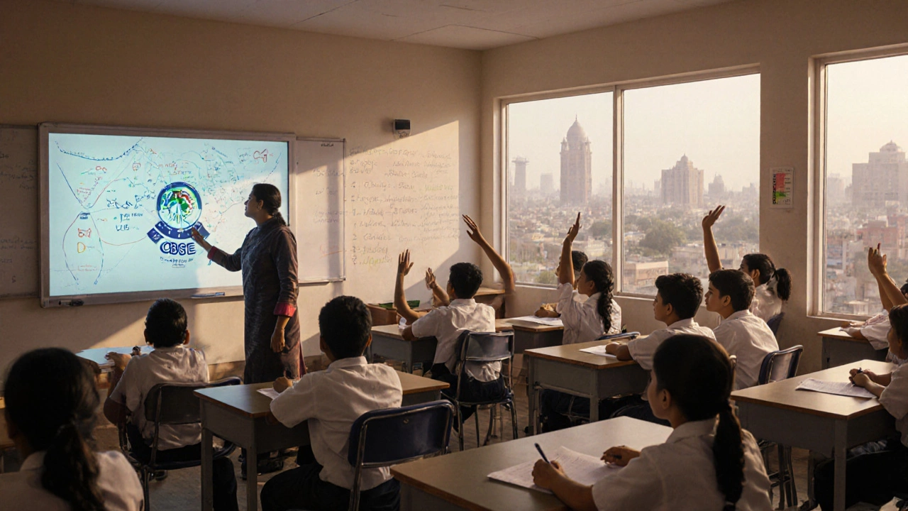 Indian CBSE classroom with teacher and diverse students studying.