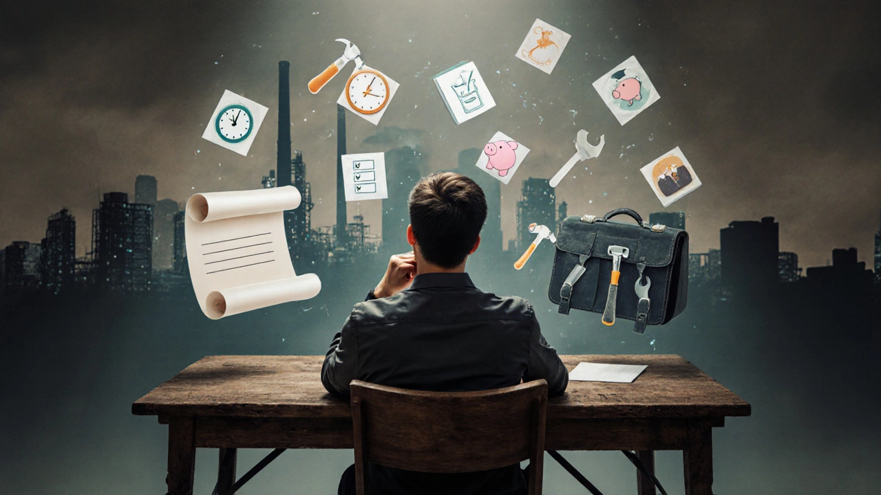 Individual at a desk with floating icons of a diploma and tool belt, representing education choices.