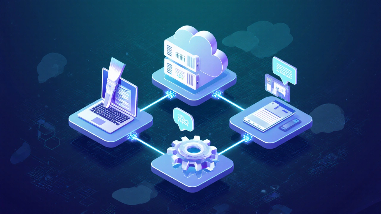 Isometric view of interconnected eLearning system components with cloud server and devices.