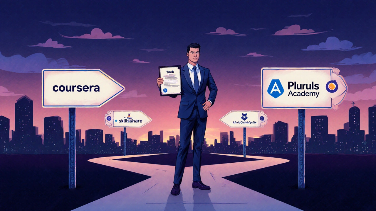 Professional at a crossroads with signposts pointing to different learning platforms and a certificate.