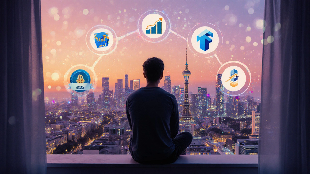 Remote developer on balcony at sunset, city skylines from around the world, certifications and salary growth icons.