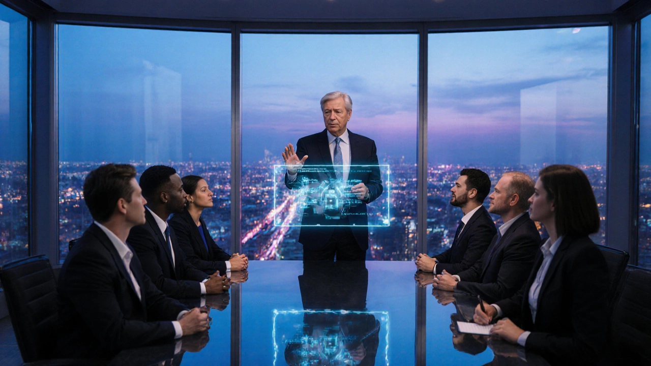 Senior executive presenting in a glass boardroom with city skyline at dusk.