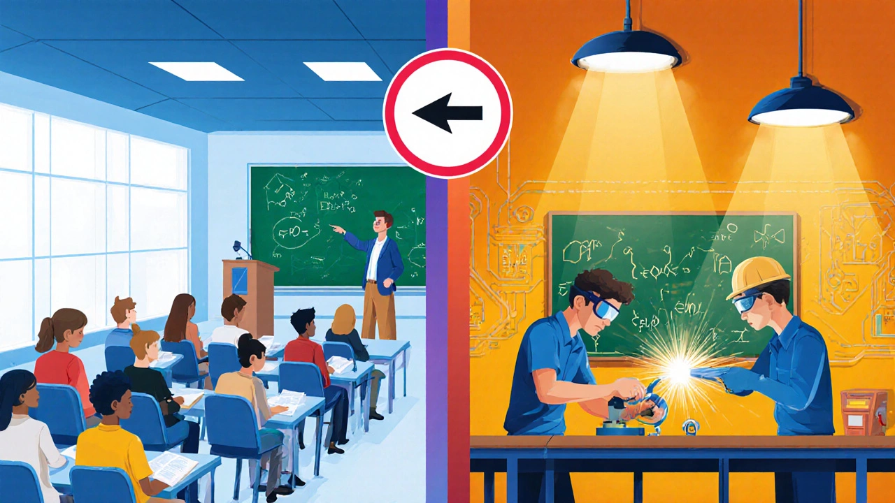 Split illustration of a lecture hall on the left and a trade workshop on the right.
