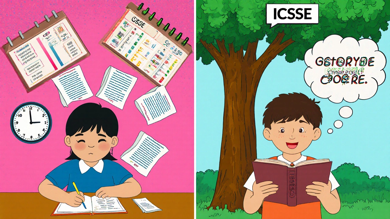 Split-panel comic: one child solving math problems, another reading under a tree.