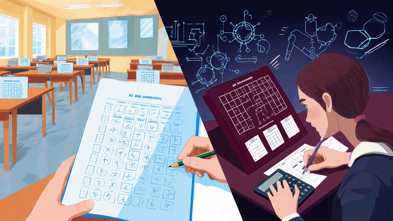 Split scene showing JEE Main exam hall on left and JEE Advanced lab setting on right.