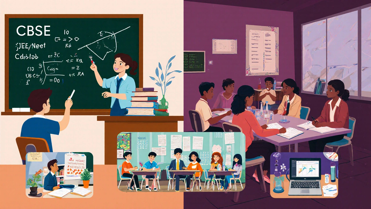 Split-screen illustration comparing CBSE exam focus, ICSE literary depth, and other board environments.