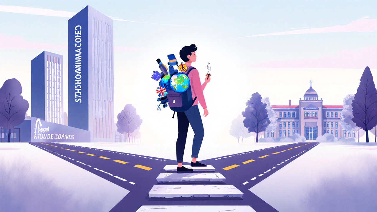 Student at a crossroads backpack full of symbols for different education boards.