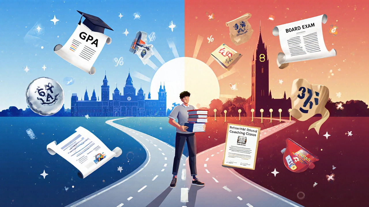 Student at a crossroads choosing between U.S. GPA/AP symbols and CBSE board‑exam icons.