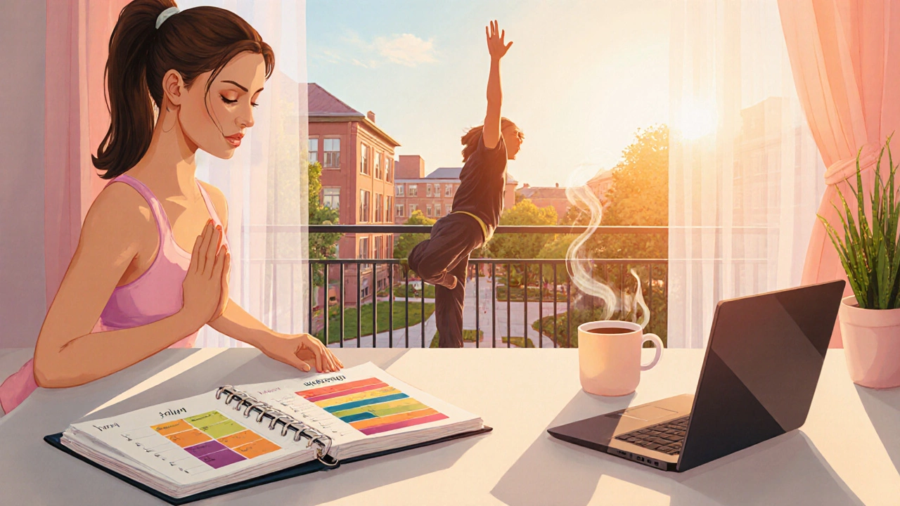 Student practicing yoga on a balcony with a study planner and a cozy study nook nearby.