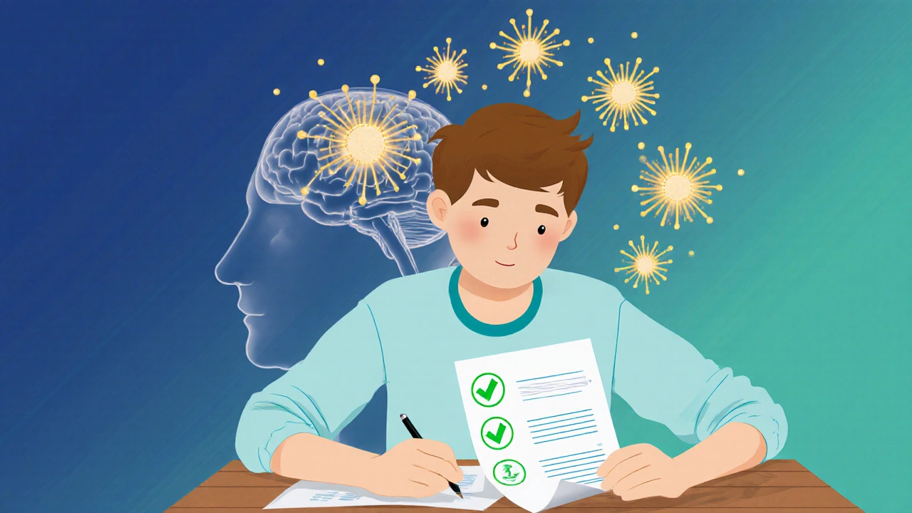Student studying with glowing dopamine symbols highlighting brain reward.