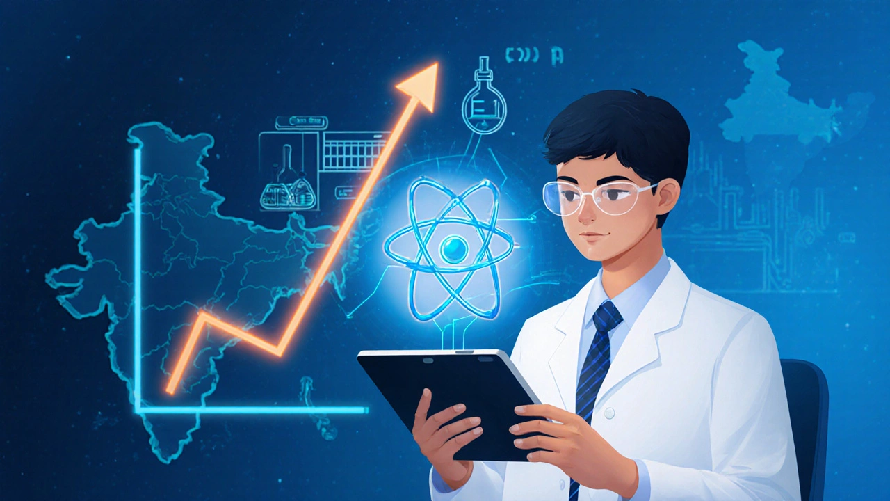 Student using tablet with AI bot and virtual lab, backdrop shows rising success graph.