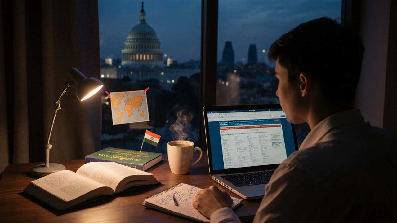 Study desk with books, laptop and coffee, background hints at government buildings at dusk.