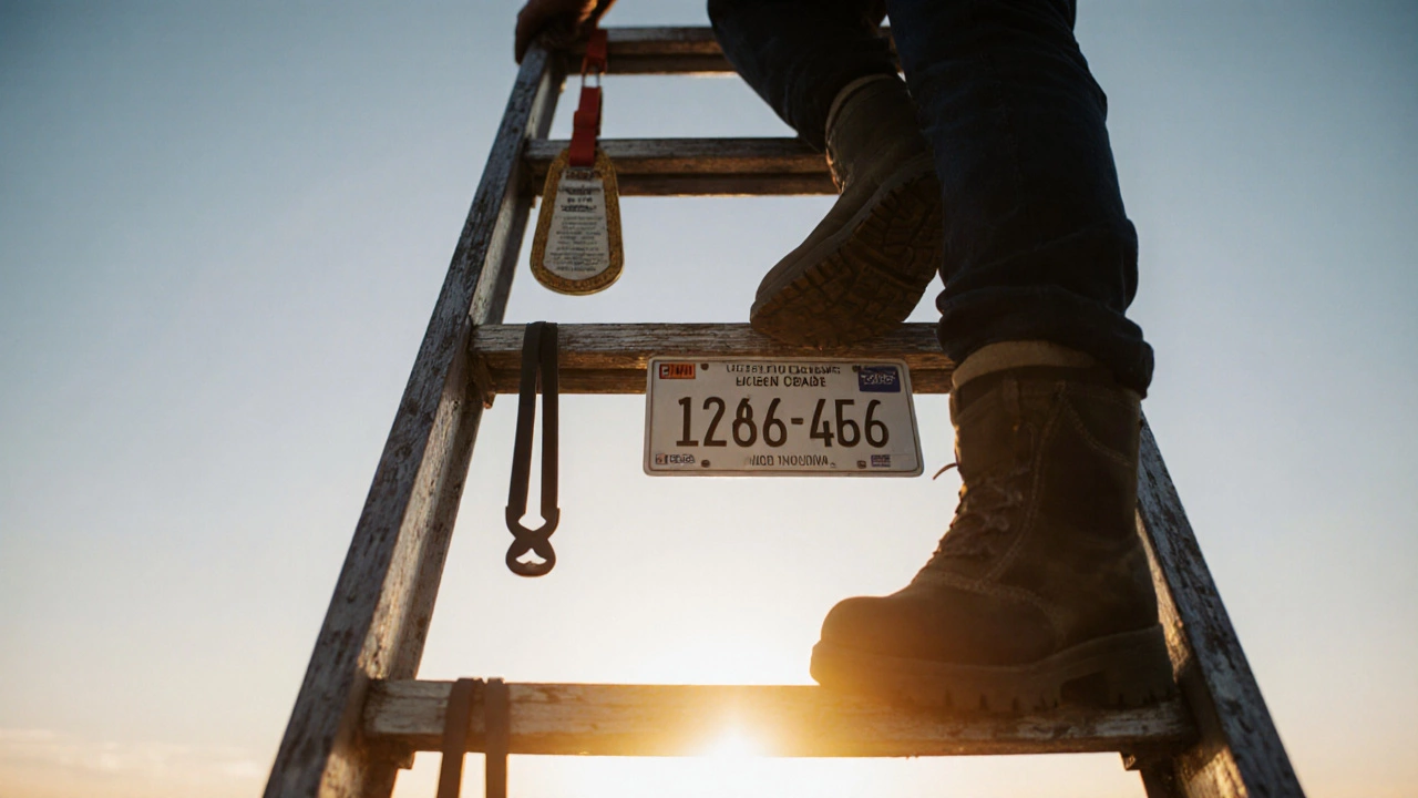 Sunrise ladder with credentials on rungs, figure climbing toward glowing horizon.