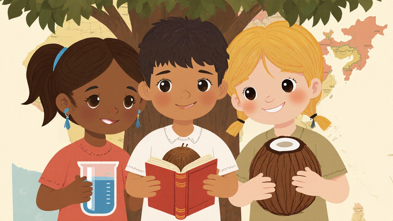 Three children holding symbolic items—beaker, book, coconut—under a tree with India map.