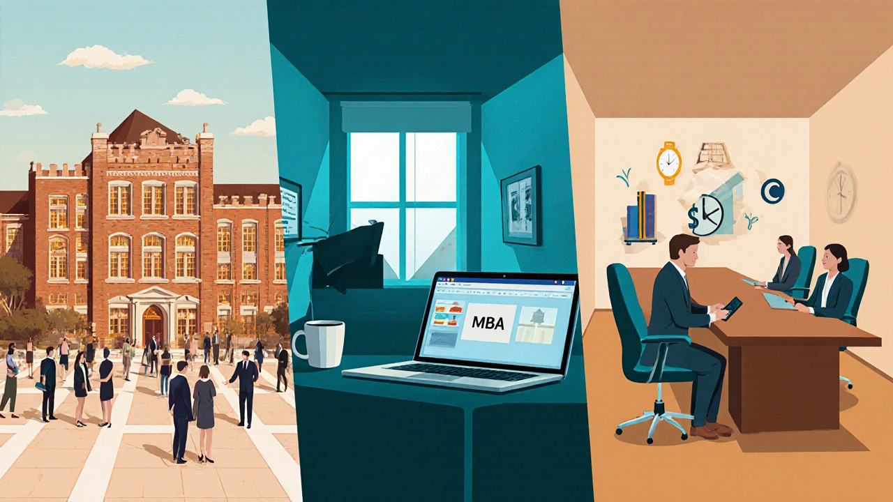 Three-panel illustration showing campus, home office, and boardroom MBA formats.