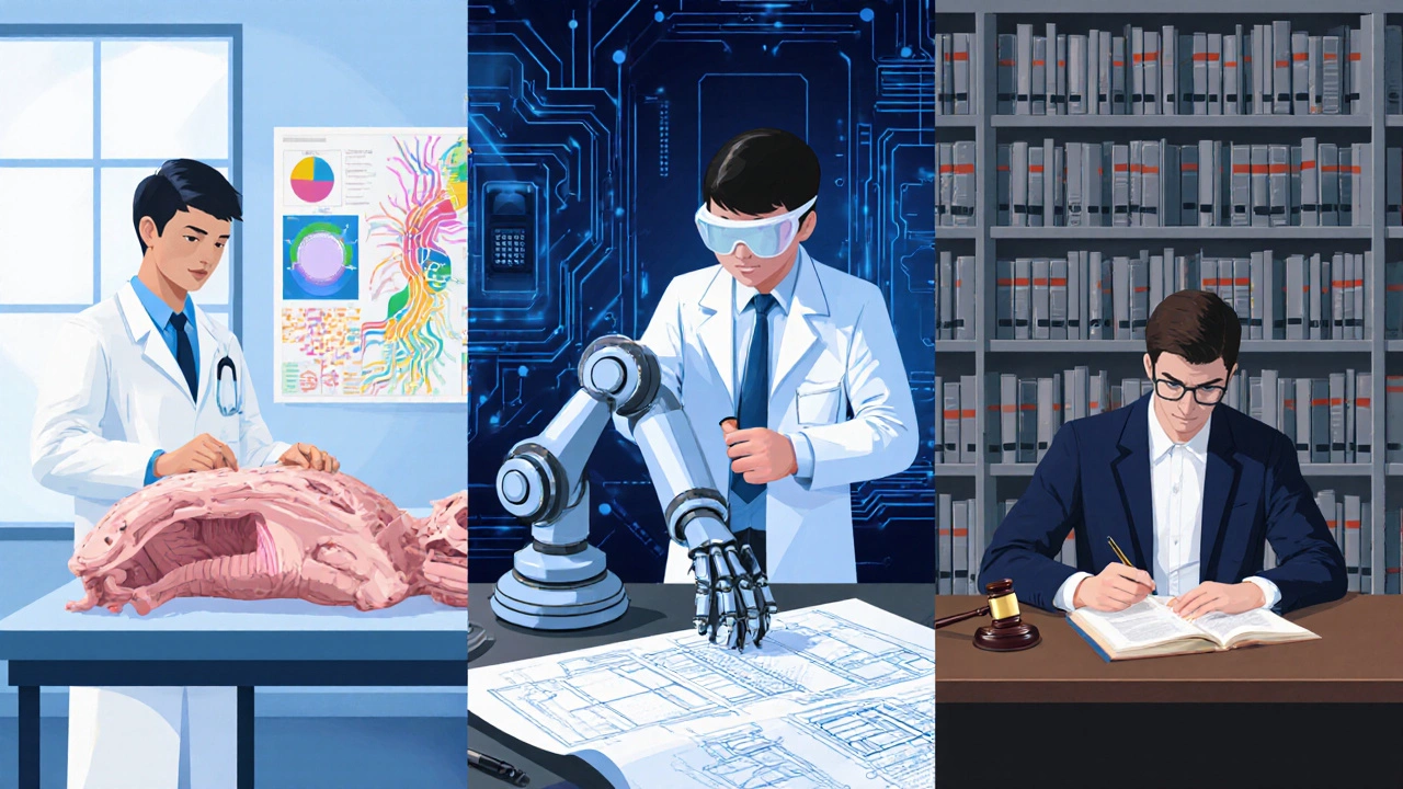 Three panels showing a medical cadaver lab, an engineering robotics workshop, and a law library.