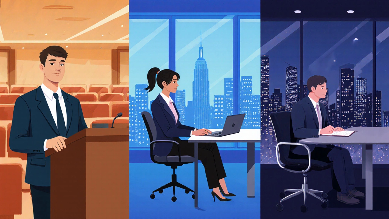 Three professionals in different MBA formats: full‑time, part‑time, executive.