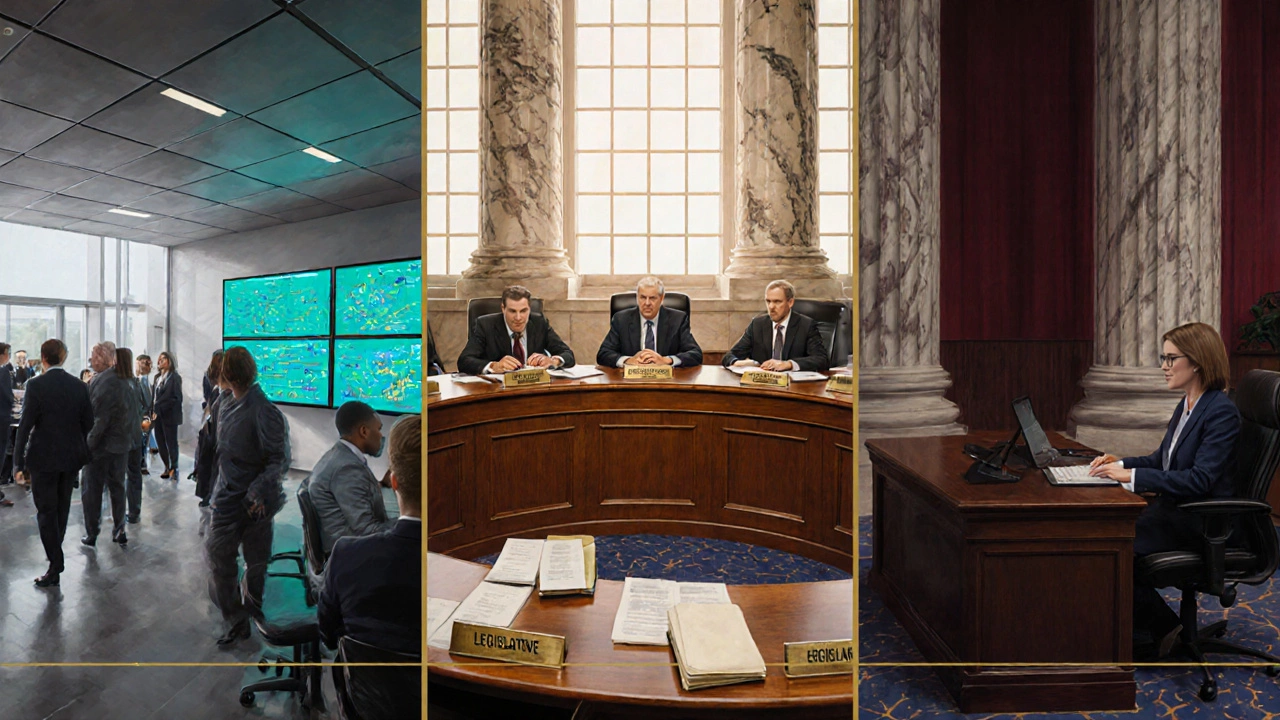 Three side‑by‑side scenes show an executive office, a legislative chamber, and a courtroom.
