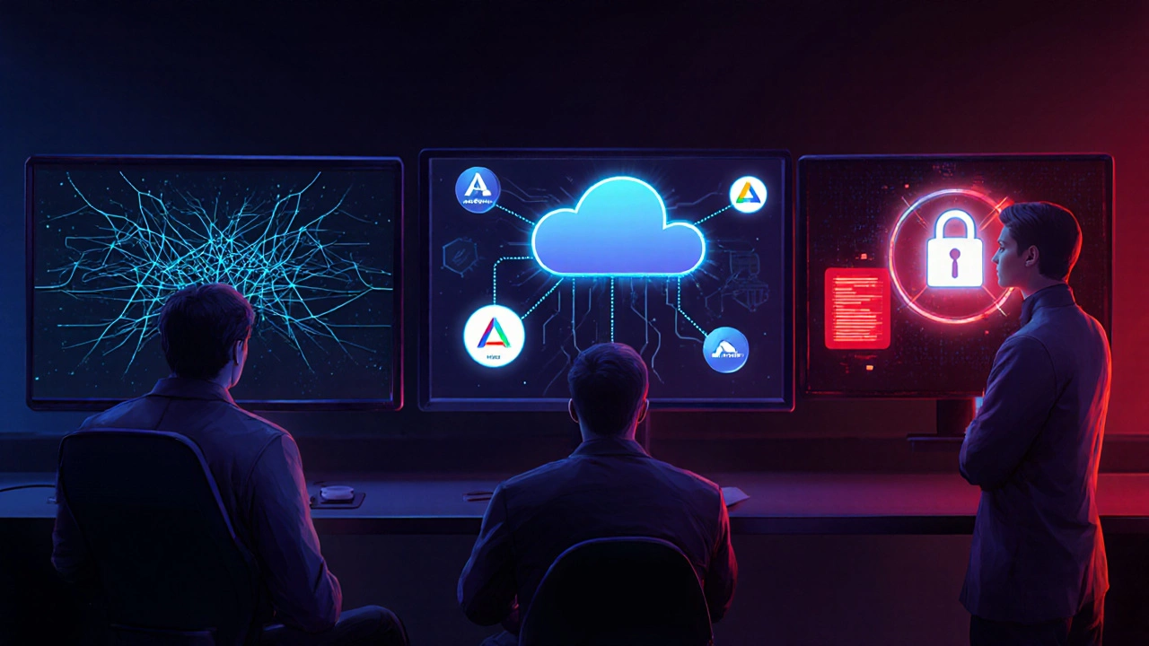 Three specialist workstations: AI engineer, cloud engineer, and cybersecurity engineer with futuristic visuals.