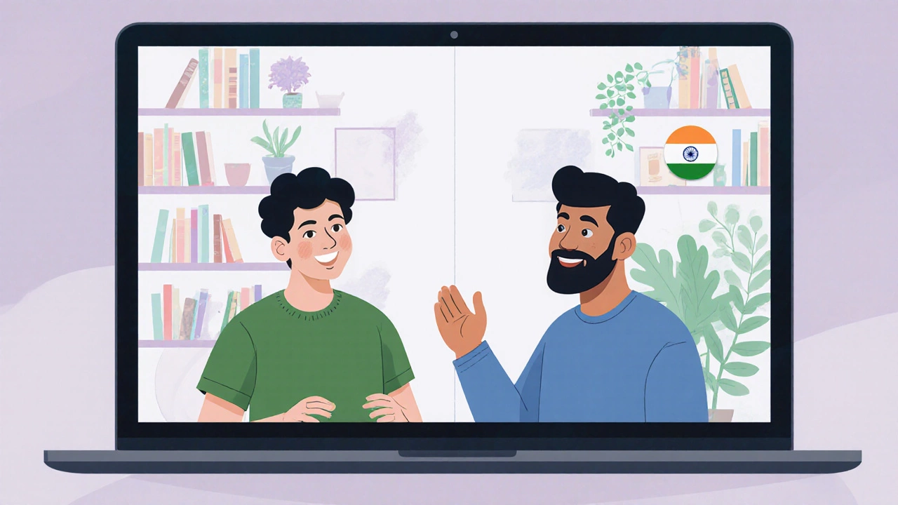 Two people having a natural language exchange over video call.