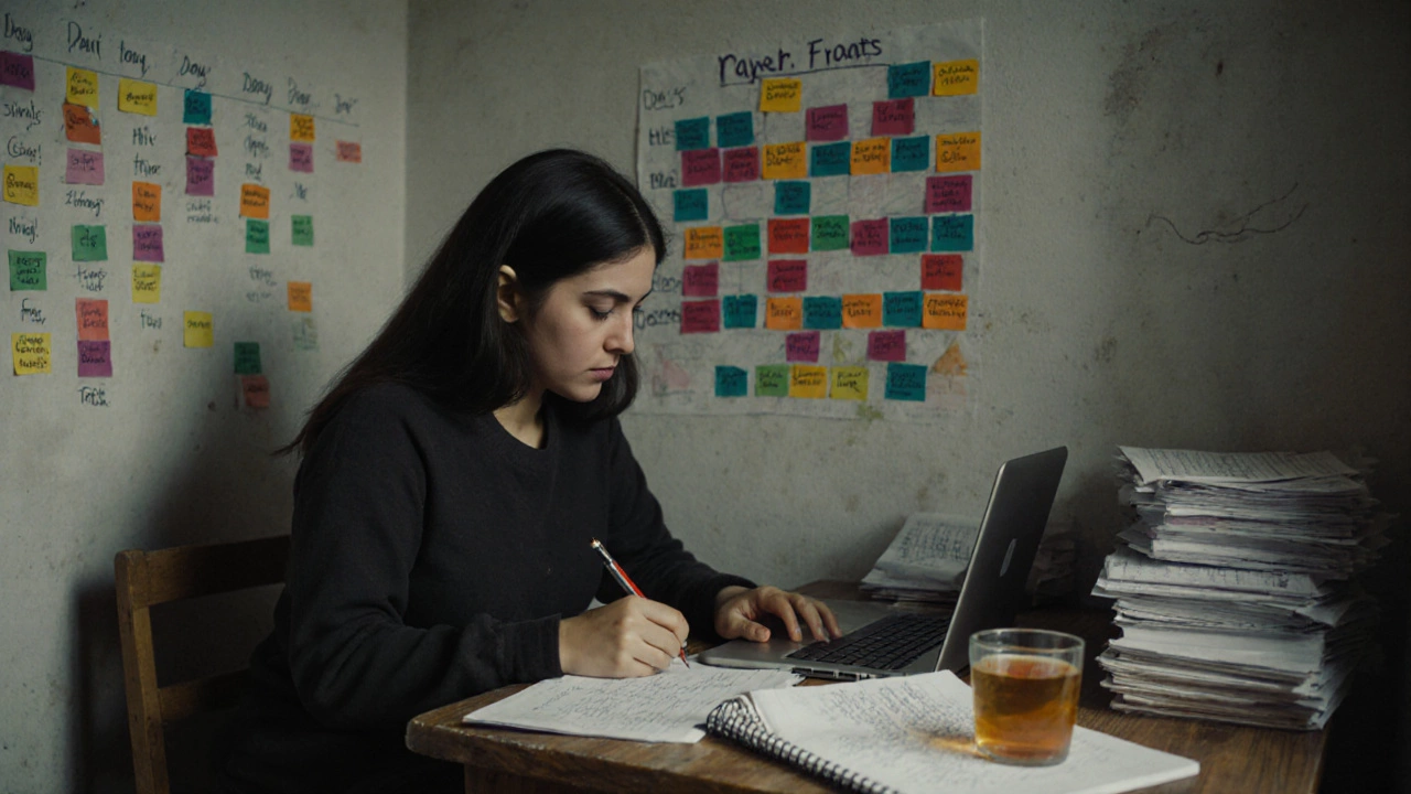 A girl using a second-hand laptop and handwritten notes to prepare for JEE Advanced, with a progress chart on the wall.