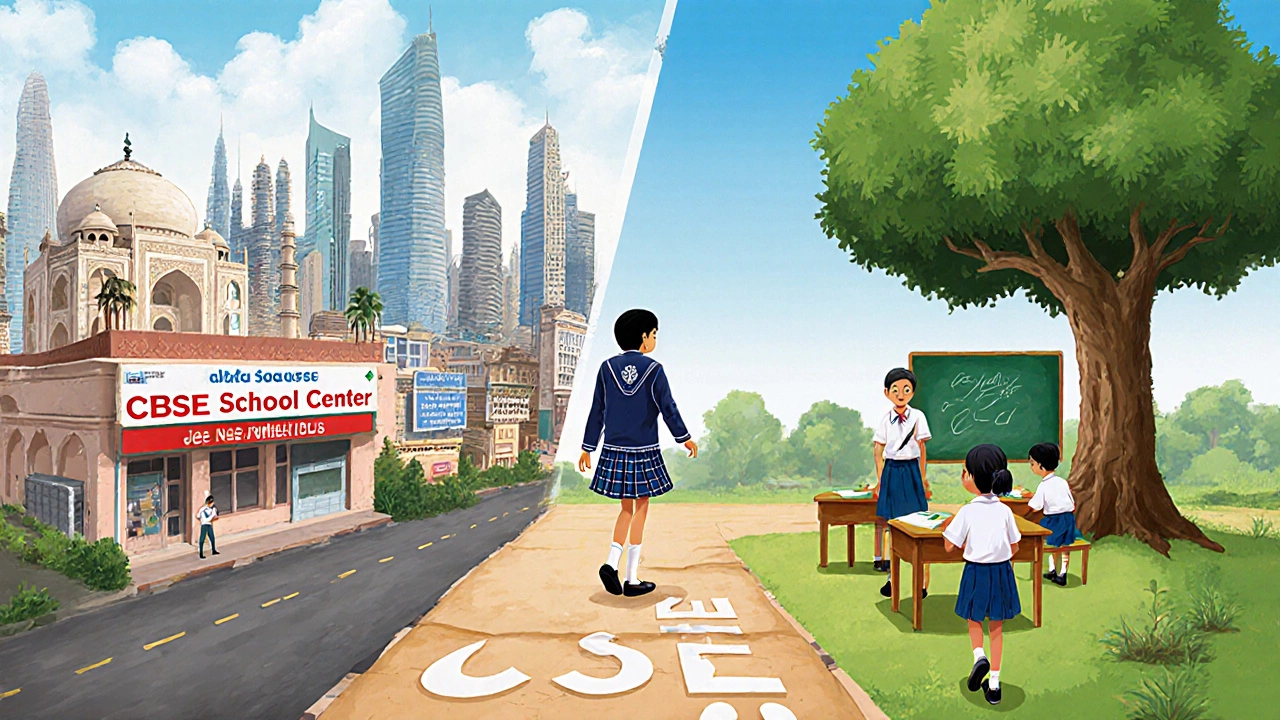A student walking between urban and rural school scenes connected by the CBSE syllabus.