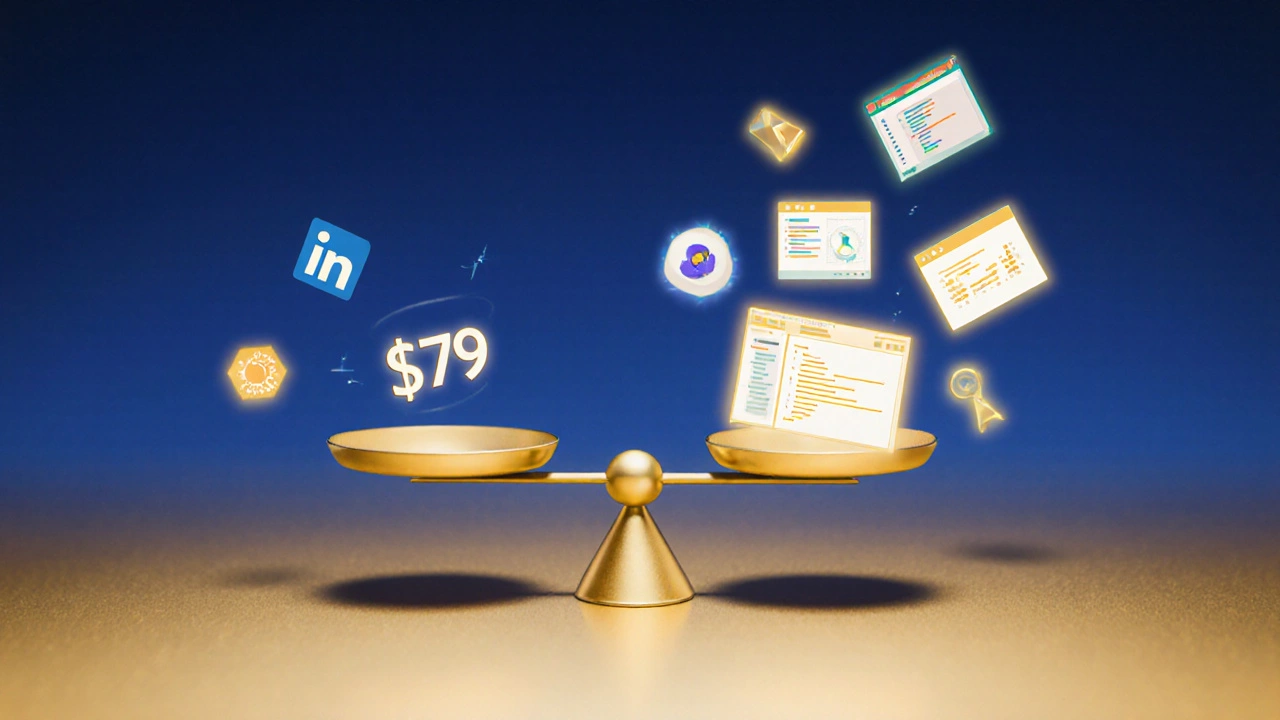 Abstract balance scale comparing single course cost versus unlimited Coursera Plus access with skill icons.