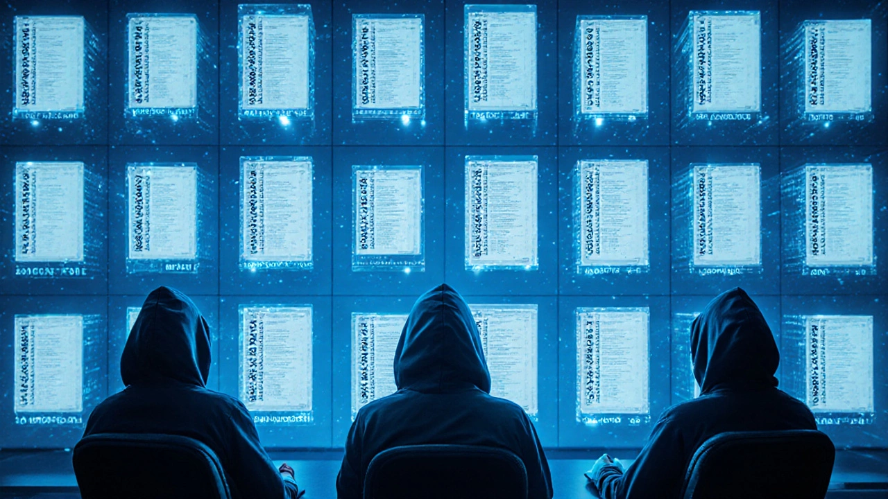 Digital grading room with anonymous answer sheets displayed on screens under blue lighting.