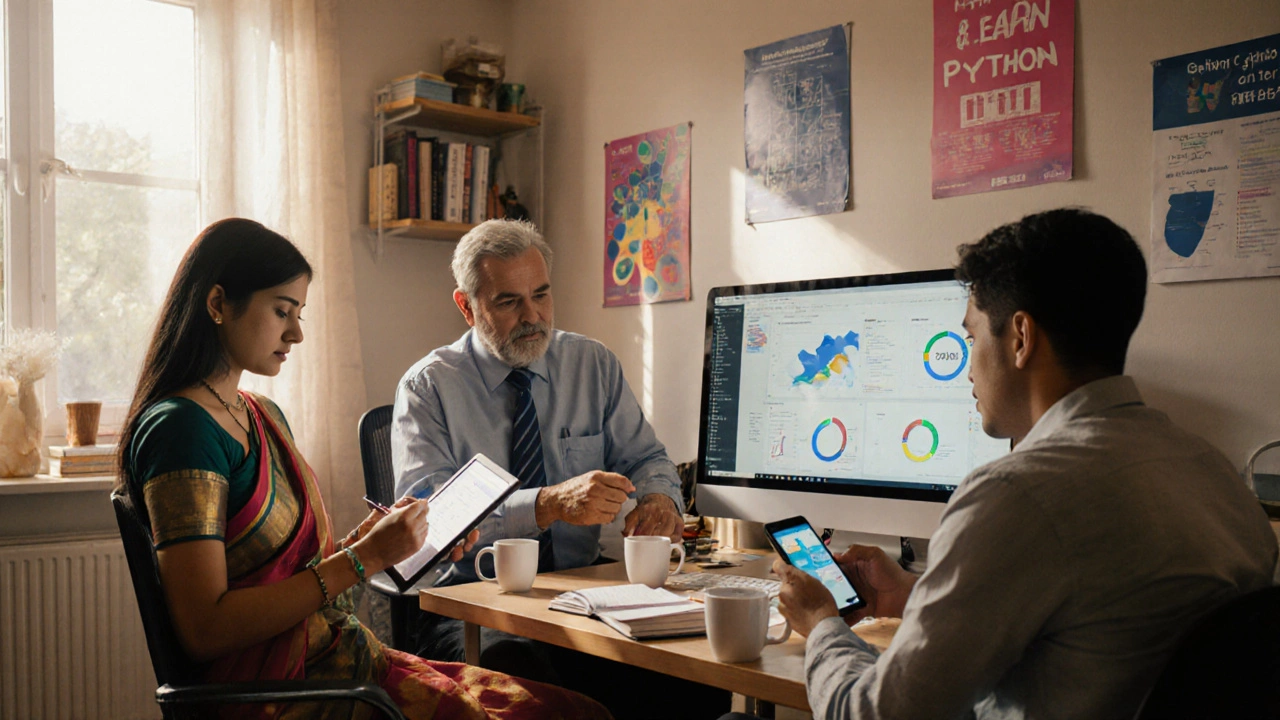 Diverse learners studying on devices in a home office with natural sunlight and learning materials around them.