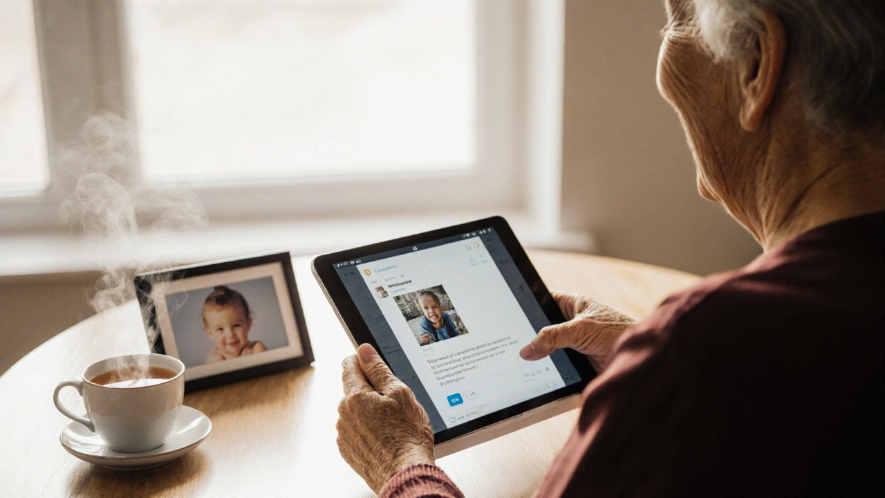 Elderly woman smiling while sending an email with a photo on her tablet, tea beside her