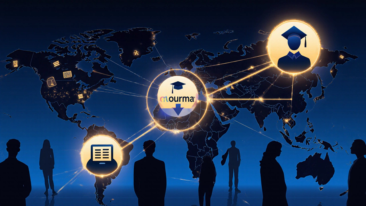 Global learners connected by glowing digital pathways leading to online education platforms.