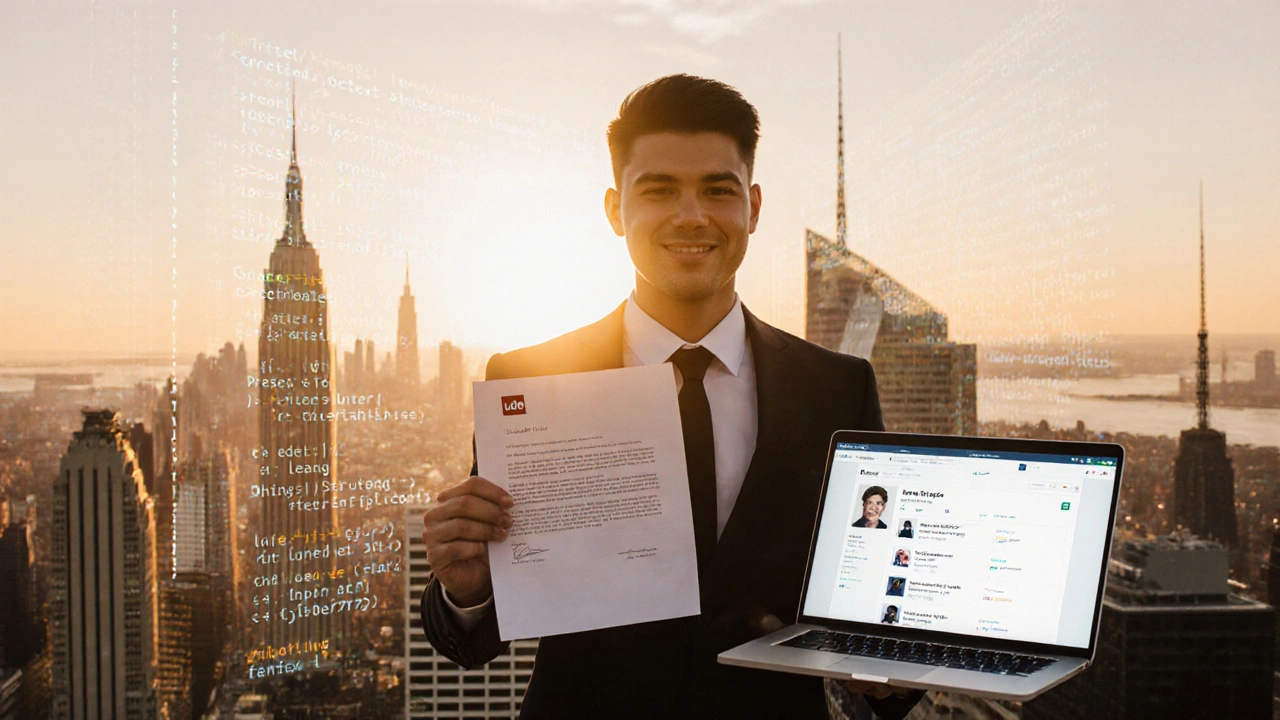 Newly hired coder holding a job offer with code snippets fading into a city skyline.
