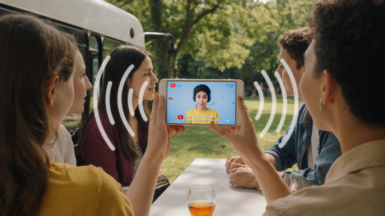 People practicing English by repeating phrases from a YouTube video in daily settings.