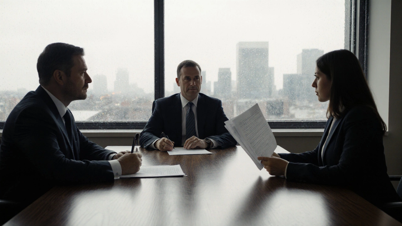 Review board meeting with HR officials and an employee facing documented misconduct.