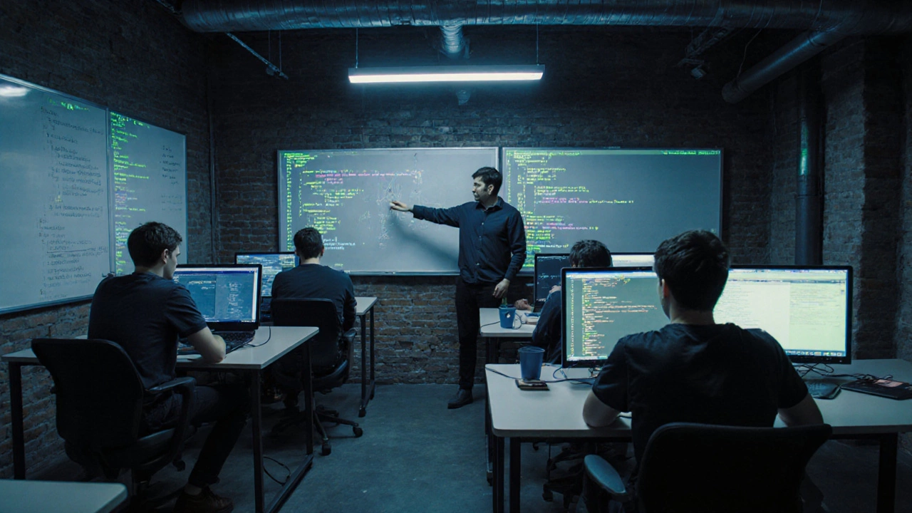 Students collaborating in a coding bootcamp classroom with whiteboards and monitors.