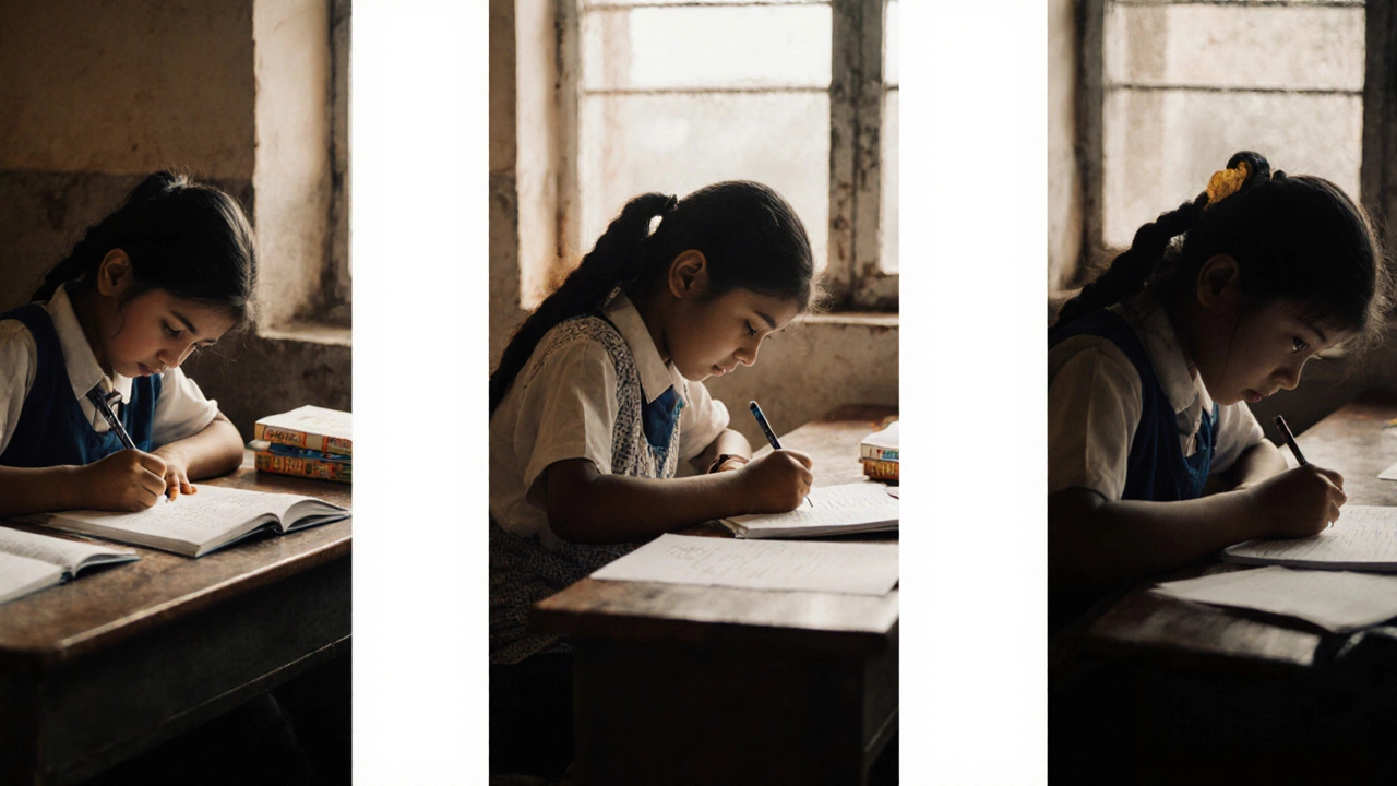 Students in three different Indian schools taking the same CBSE exam with different paper sets.